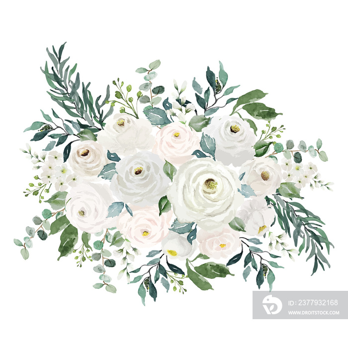 Vintage flowers bouquet with green leaves painting watercolor illustration artwork