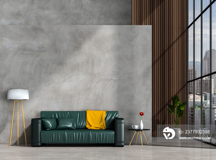interior living room wall concrete with sofa, plant, lamp, decoration, 3D render