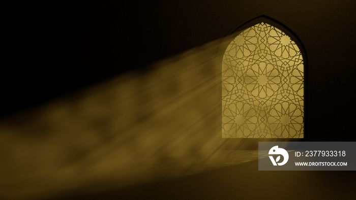 Moon light shine through the window into islamic mosque interior. Ramadan Kareem islamic background.