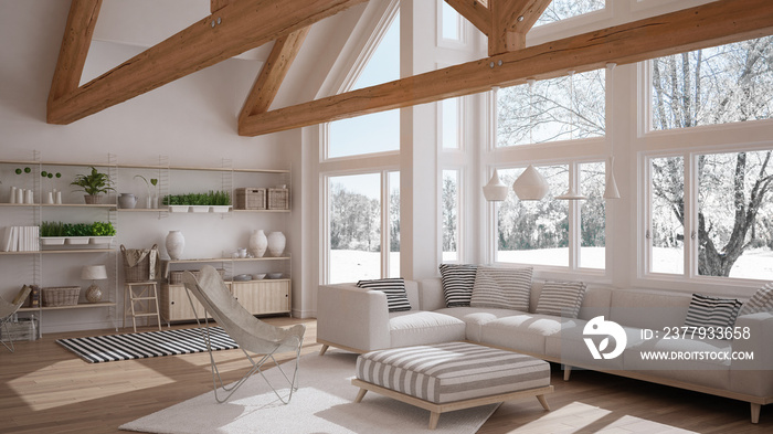 豪华生态屋客厅，镶木地板和木制屋架，冬季m全景窗