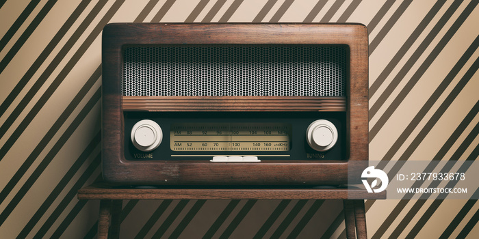 Radio old fashioned on wooden table, retro wall background, 3d illustration