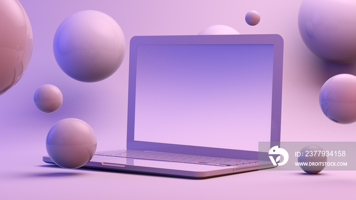 laptop surrounded by spheres