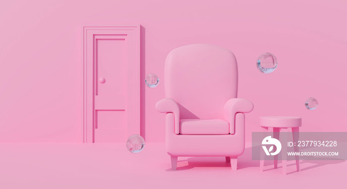 3D pink sofa couch interior on pastel background abstract. 3d rendering design.