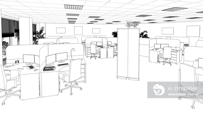 office contour visualization, 3D illustration, sketch, outline