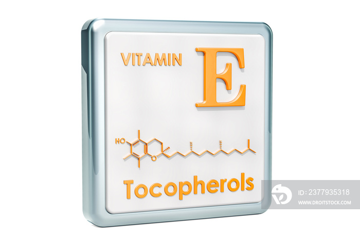 维生素E，生育酚。图标，化学式，白底分子结构。3D效果图