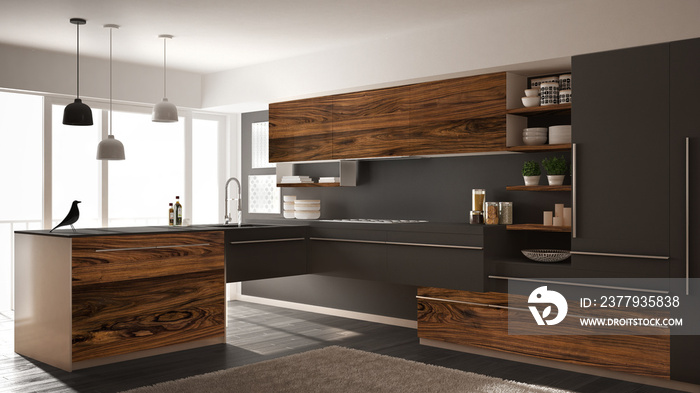 Modern minimalistic kitchen with classic wooden fittings, carpet and panoramic window, dark gray arc