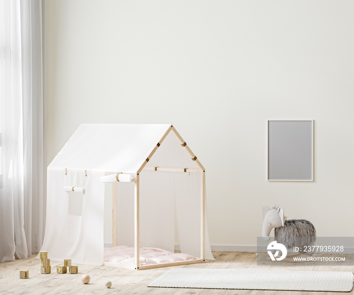 frame mock up in children room interior background with tent and toys, 3d rendering