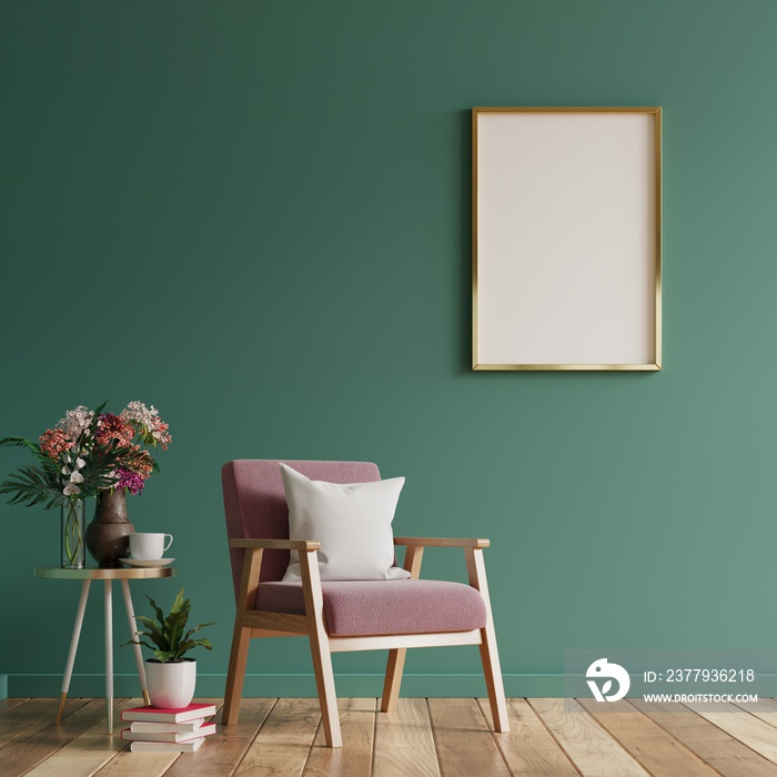 Mock up poster in modern living room interior design with green empty wall.