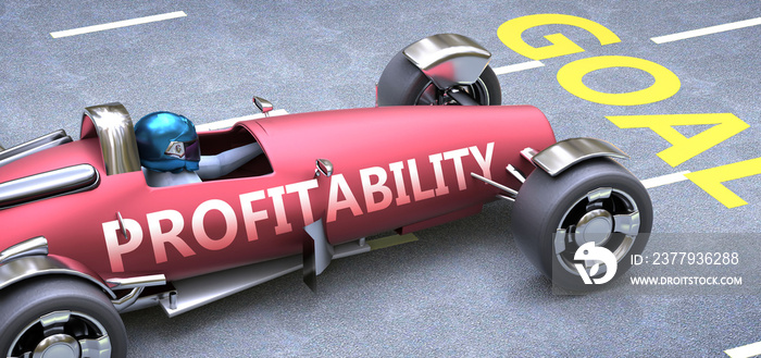 Profitability helps reaching goals, pictured as a race car with a phrase Profitability on a track as