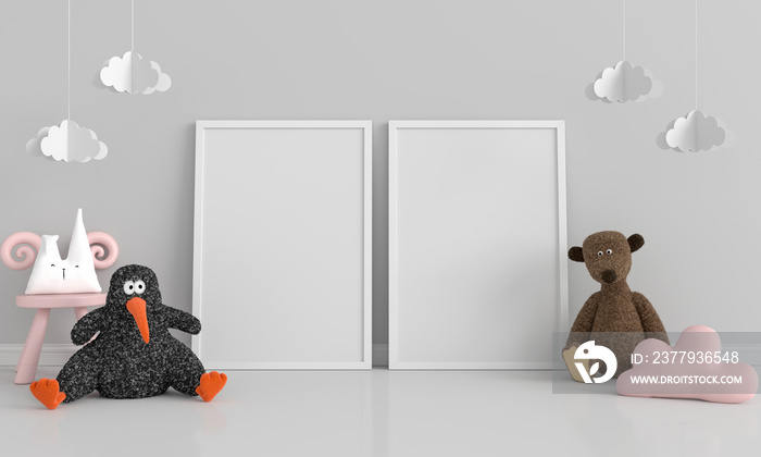 Doll on floor in child room with two frame mockup, 3D rendering