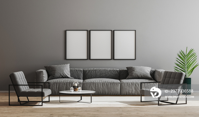 Blank black frames mock up in modern minimalist living room interior  with gray sofa, armchairs and 