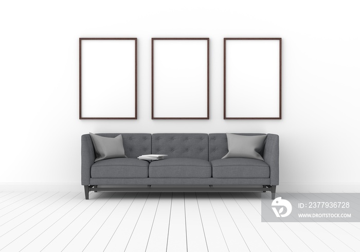 Three empty photo frame for mockup in modern living room, 3D render, 3D illustration