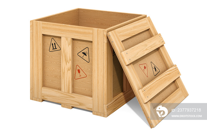 Opened wooden box, parcel. 3d rendering