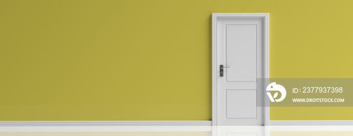 Closed door white on yellow wall background, banner, copy space. 3d illustration