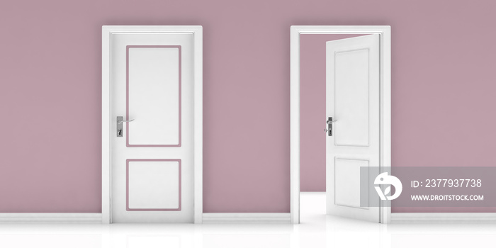 Closed and open door on pink wall and white floor background. 3d illustration