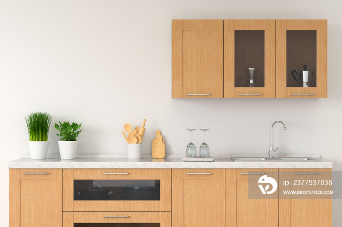 带水槽的现代白色厨房台面，用于实体模型、3D渲染