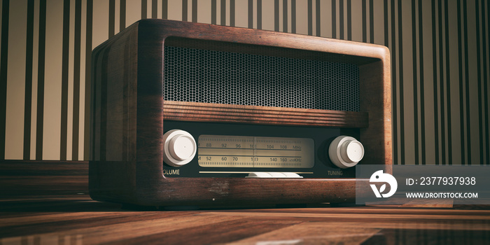 Radio old fashioned on wooden floor, retro wall background, 3d illustration