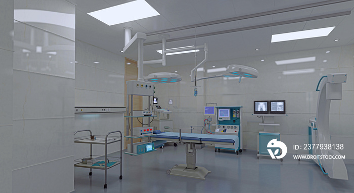 现代手术室，空的，没有工作人员，蓝图，三维插图，三维渲染。