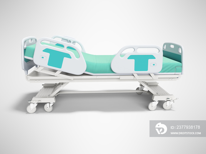 Turquoise hospital bed with lifting mechanism on an autonomous control panel right side view 3D rend