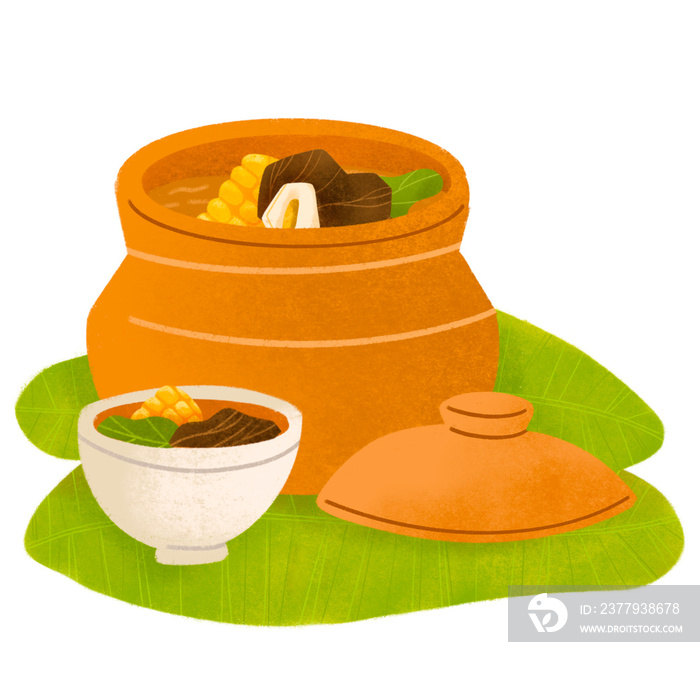 Filipino bulalo stew in palayok clay pot with bowl and banana leaves