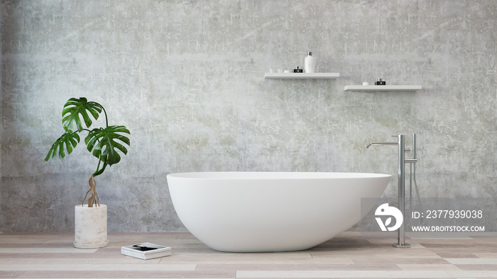 White  bath tub standing in a modern bathroom. 3d rendering mock up. Place for text