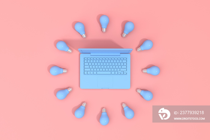 3d rendering of laptop around with circle light bulb. Minimal concept.