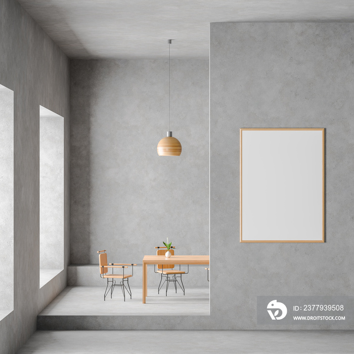 Mock up poster frame in modern, spacious dining room with concrete walls. Minimalist dining room des