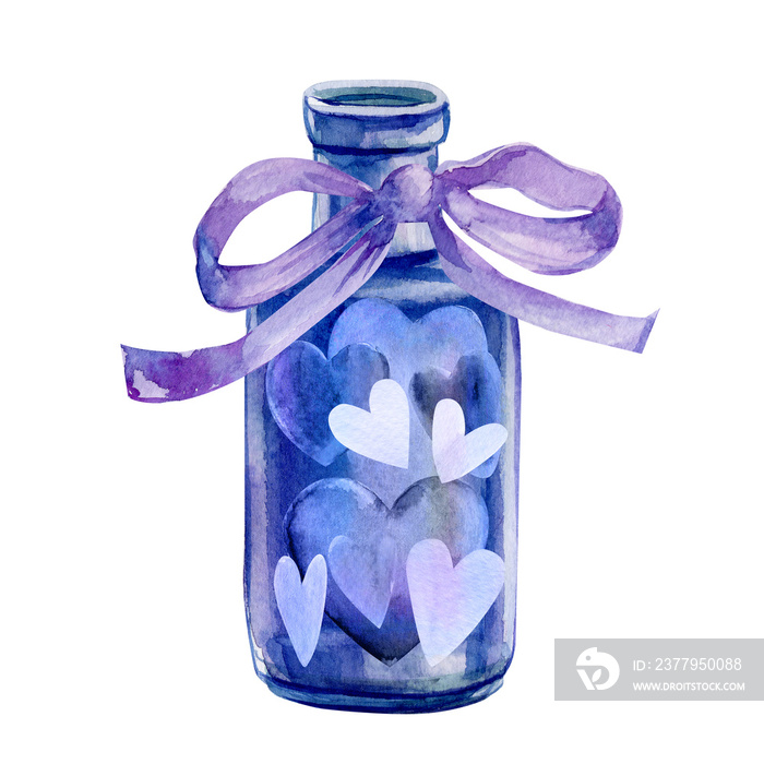 Valentines Day, bottle with hearts, watercolor illustration on an isolated white background.