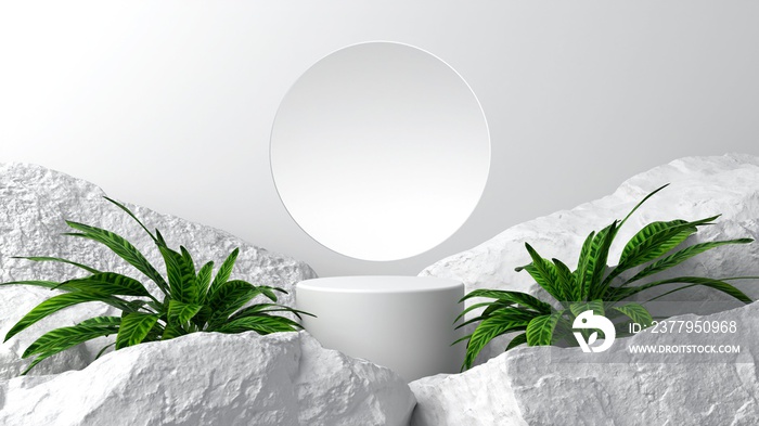 Simple product placement background On white geometry Decorated with big green trees And large rocks