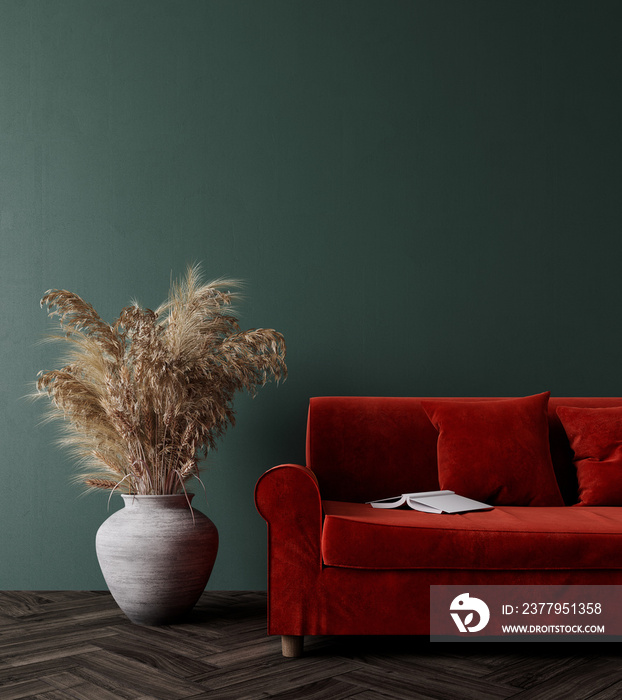 现代室内设计，配有红色沙发、干植物装饰和空的橄榄绿实体墙3D R