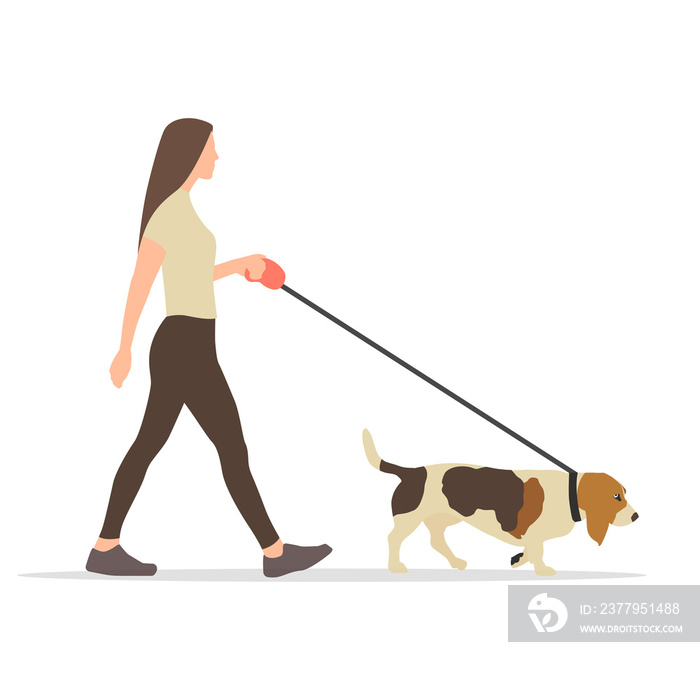 Mujer alegre saca a pasear o caminar a su mascota o perro, libertad. Ilustración vector estilo plano