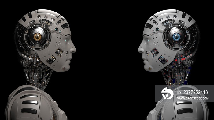 两个未来派机器人互相看着。两个完全相同的半机器人。在黑色背景下隔离。3D
