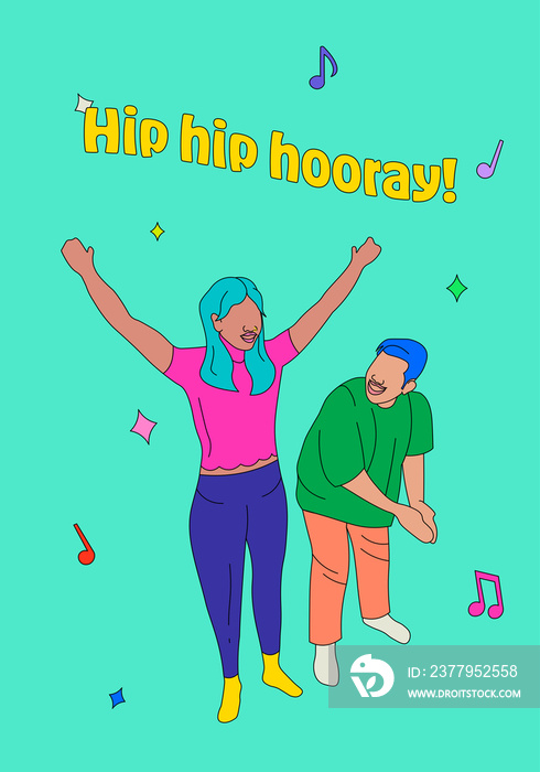 Greeting card style illustration of two people playing Filipino game, hip hip hooray, with music not