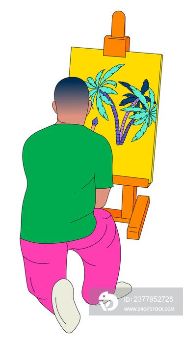 Boy with a buzzcut painting palm trees on a canvas