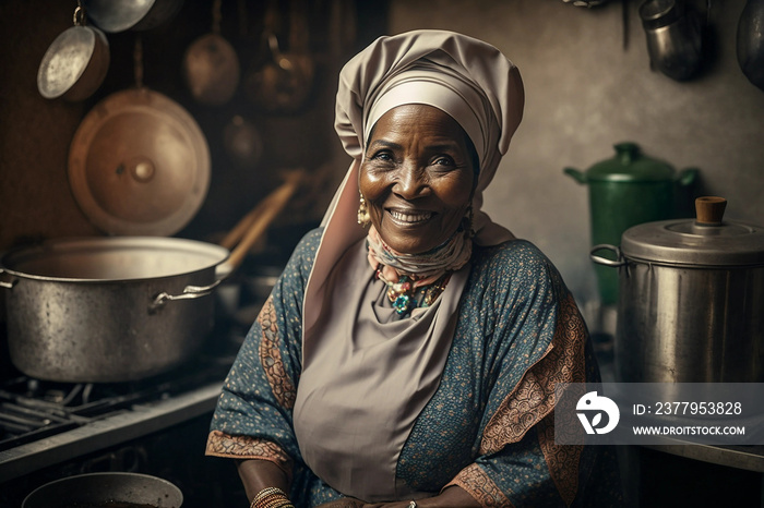 Generative AI. A senior African woman in hijab sitting