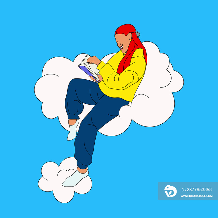 Girl with long hair reading a book on a cloud