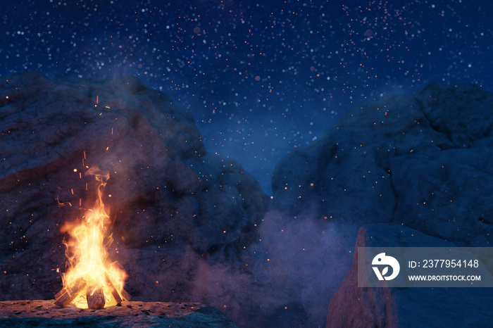 午夜岩石环境中明亮篝火的三维渲染