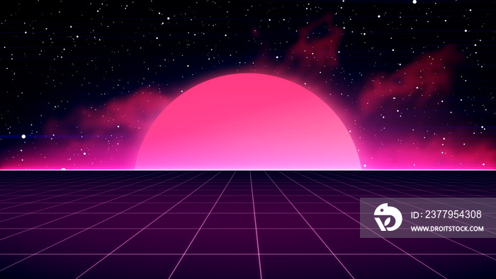 Retro Sci-Fi Background Futuristic landscape of the 80`s. Digital Cyber Surface. Suitable for design