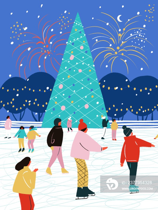 圣诞快乐。溜冰场上的快乐人们。手绘。圣诞树、雪、花环和火