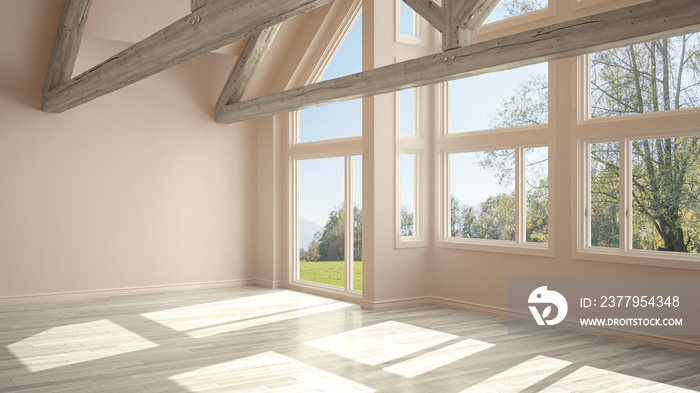 豪华生态屋的空房间，镶木地板和木制屋顶桁架，夏天的全景窗