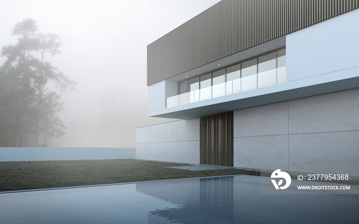 Perspective of luxury modern house with swimming pool and lawn yard in the fog, Idea of minimal arch