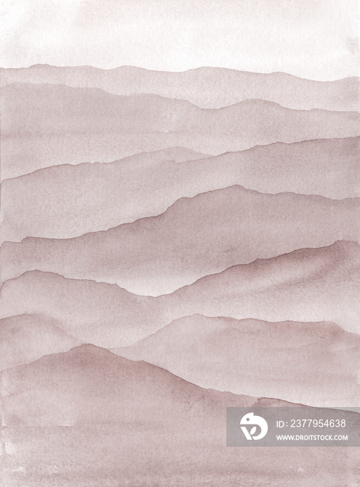 Sepia watercolor Mountains in fog hand drawn illustration