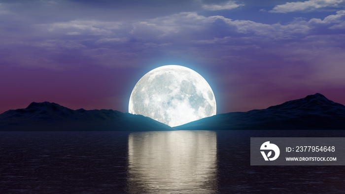 full moon over lake with mountains night scene moonlight scenic landscape purple sky 3D illustration