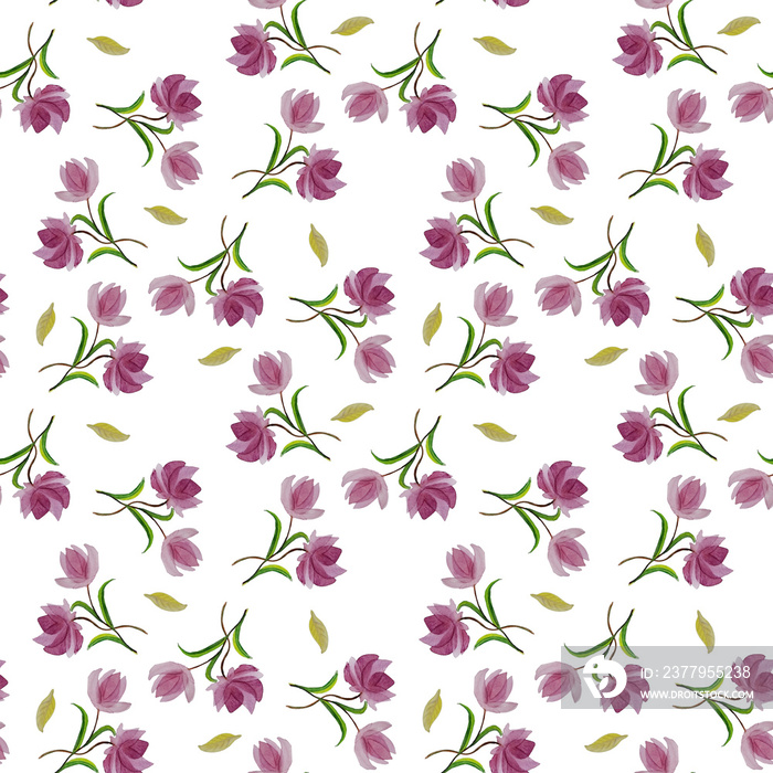 pattern con fiori rosa e foglie isolate su sfondo bianco