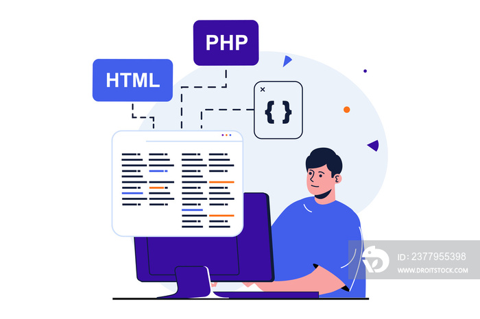 Programmer working modern flat concept for web banner design. Man programs code in html and php, tes