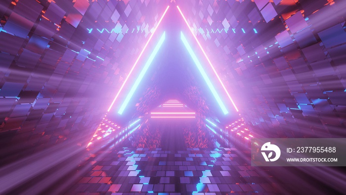 Portal of beautiful neon lights with glowing purple and blue lines in a tunnel