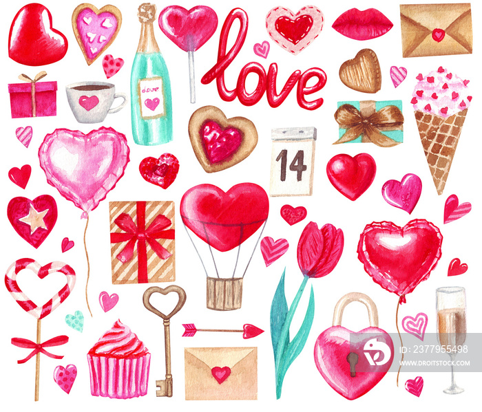 情人节大水彩套装。嘴唇、心形、爱情、糖果、蛋糕、信件、礼物和其他可爱的东西