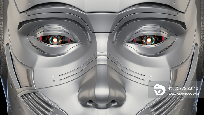 Very detailed futuristic robot eyes or humanoid cyber face, closeup view on black background. 3D Ren