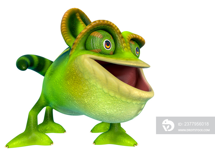 chameleon cartoon is happy and funny face in a white background side view