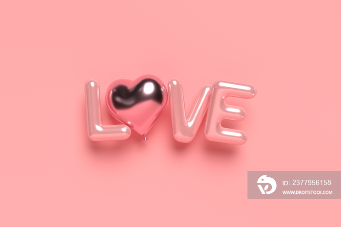 带有心形气球的3d光泽爱情词。情人节、母亲节或婚礼的粉色背景